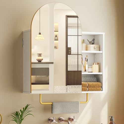 RALGEND Bathroom Medicine Cabinet Mirror with Storage, 24 x 29 Inch Arched Bathroom Vanity with Mirrored Cabinets Wall Mount Modern Decor, Adjustable Shelves, White and Gold - color: White