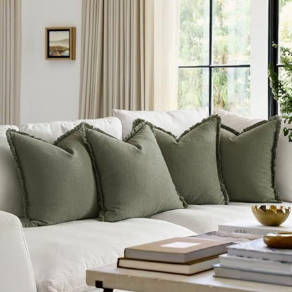 MIULEE Fall Linen Fringe Pillow Covers Set of 4 18x18 Olive Green - color: Olive Green, size: 18" x 18" (Pack of 4)
