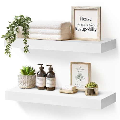 Solid Wood Floating Shelves, 17 Inch Wall Shelves, Set of 2, White - color: White, size: 17x8x1.6