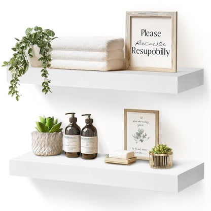 Solid Wood Floating Shelves, 17 Inch Wall Shelves, Set of 2, White - color: White, size: 17x8x1.6