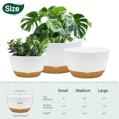 Koalaime 8/10/12 Inch Pots for Indoor Plants, Large Self Watering Planters with Drainage and Saucers, Plastic Outdoor Flower Pot, Set of 3, White - color: White