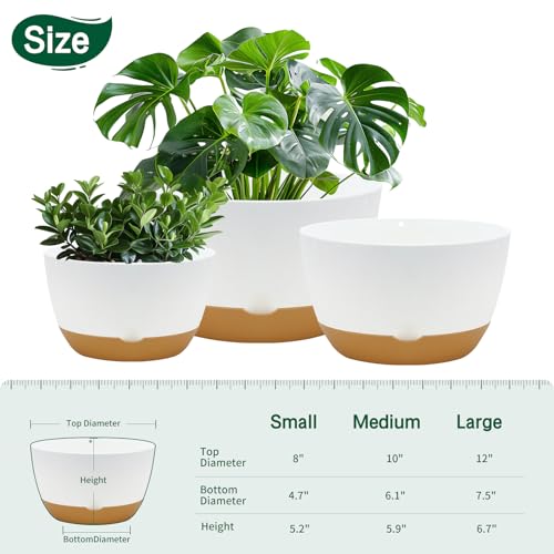 Koalaime 8/10/12 Inch Pots for Indoor Plants, Large Self Watering Planters with Drainage and Saucers, Plastic Outdoor Flower Pot, Set of 3, White - color: White