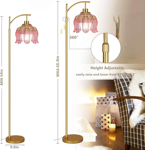 QIYIZM Pink Floor Lamp for Living Room,Bedroom,Gold Dimmable Standing Lamp with Remote,Mid Century Modern Brass Tall Lamp Boho Floor Lamps Arc Stained Glass Flower Floor Light Lamp Girls kids Bohemian - size: Floor Lamp--11