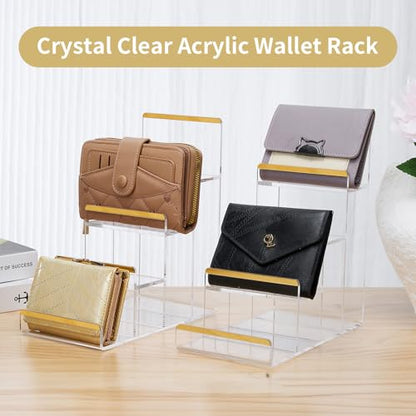 Purse Display Stands, 2 Pack 4-Tier Acrylic Wallet Holder Risers Stand, 2-Inch Spacing Clear Clutch Rack Handbag Display Shelf, 4MM Thick Counter Wallet Organizer for Figure Sunglasses Retail Vendor - size: 4 Tier（2pack）