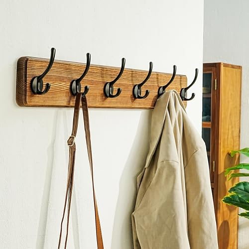 Dseap Coat Rack Wall: 24" Long, Patented, Heavy-Duty, 6-Double-Hooks Wooden Wall Mounted Coat Rack Coat Hanger Hook Rail for Winter Coats Hat Jacket Clothing, Natural & Black - color: Natural & Black, size: L=24"(1pcs)