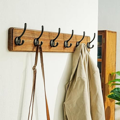 Dseap Wall Mounted Coat Rack: 24" Long, Patented, Heavy-Duty, 6-Double-Hooks Wooden Hanger Rail for Winter Coats, Hat, Jacket, Clothing - Natural & Black, Pack of 2 - color: Natural & Black, size: L=24"(2pcs)