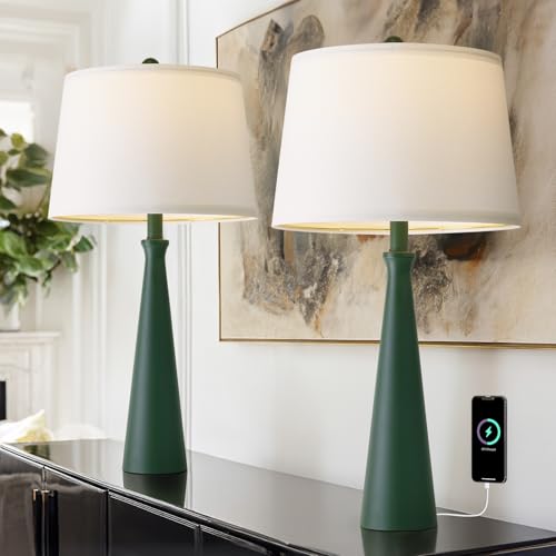 Oneach 25.75" Modern Table Lamp for Bedroom Set of 2, USB C Port, Green - color: Green