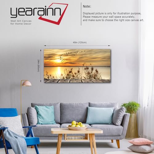 yearainnｮ Canvas Wall Art Sunset Lake Dock Fall Nature Picture 24" x 48" Old Wooden Bridge Reeds Birds Flying Shore Dusk Landscape Canvas Artwork for Bedroom Living Room Home Kitchen Office Wall Decor - color: Sunset Lake, size: 48"L x 24"W
