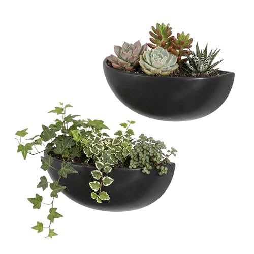 MyGift Matte Black Ceramic Indoor Wall Planter, 12 Inch Semi Circle Hanging Wall Vase, Set of 2 - color: Black