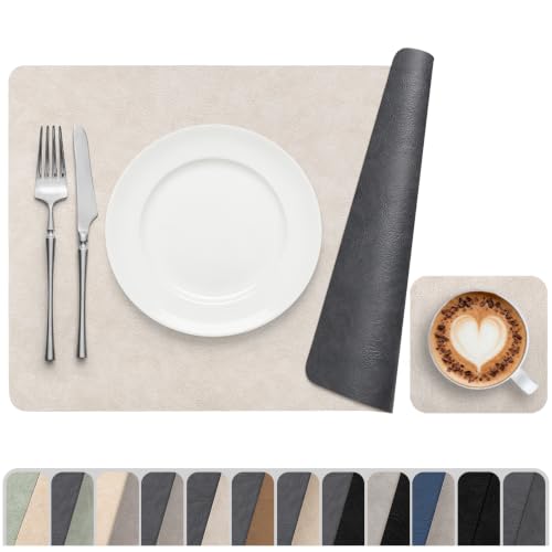 Vinyl Placemats Set of 4, Dual Sided Place Mats with Drink Coasters - color: White/Dark Gray Two-tone, size: Set of 4