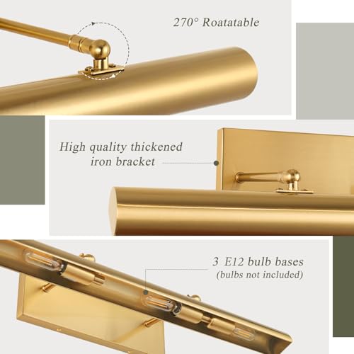 BELS Picture Lights for Wall Hardwired, 24 Inch Gold Wall Lights for Pictures,3-Light E12, 270° Adjustable Swing Arm, Plug in Wall Light for Artwork Poster Portrait Library Display