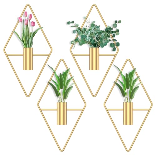 4Pcs Hanging Vase Wall Décor Metal Eucalyptus Wall Art Modern Diamond Shape Geometric Room Ornament for Living Room Balcony