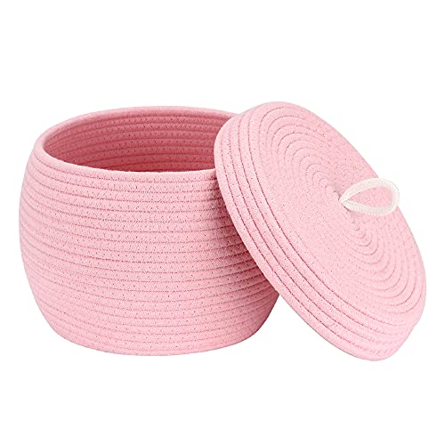 Sea Team Round Woven Cotton Rope Storage Basket with Lid, Pink - color: Pink, size: Small