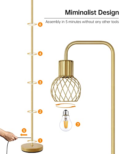 Brass Gold Standing Floor Lamp for Living Room - Modern Industrial Design with 6W LED Bulb, Foot Switch, Metal Tall Stand, Minimalist Farmhouse Boho Style for Bedroom & Office - style: Gold Industrial Floor Lamp