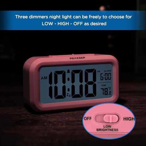 Peakeep Night Light Digital Alarm Clock Battery Operated Indoor Temperature - color: Pink