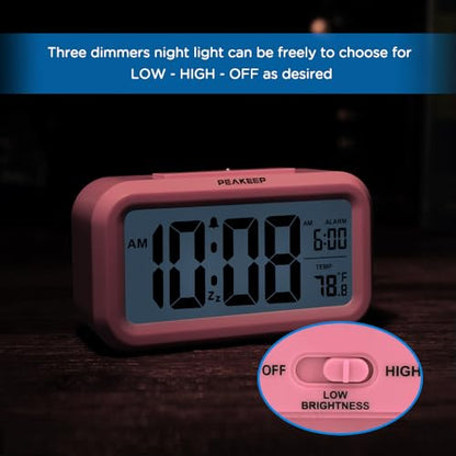 Peakeep Night Light Digital Alarm Clock Battery Operated Indoor Temperature - color: Pink