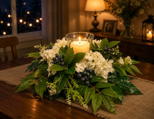 Svndlyn Candle Holder Centerpiece with Glass Hurricane and White Hydrangeas