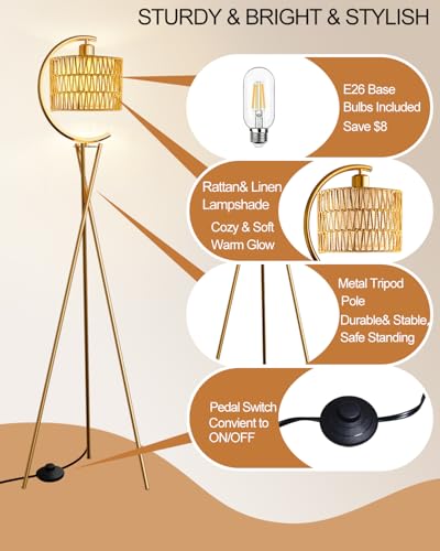 Lightdot Tripod Floor Lamp for Living Room, Gold Standing Lamp with Bulb Included, Boho Farmhouse Tall Lamp for Bedroom, Arced Reading Light with Rattan& Linen Shades for Sofa Beside/Corner Decor - color: Rattan-Gold