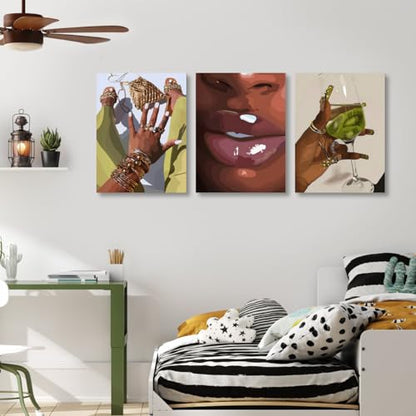 Hianan Wrapped Canvas Fashion Black Woman Wall Art Set of 3, 16x24 in - color: Yellow-Green, size: 24"L x 16"W