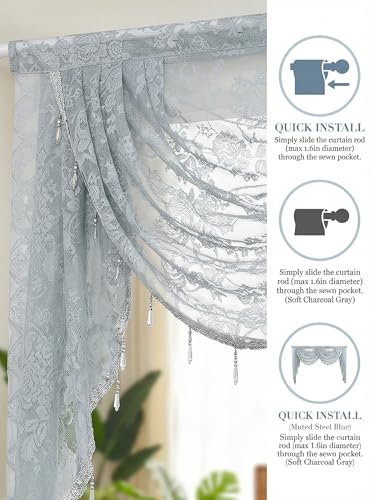 Molaxhome Grey Lace Window Valance Curtains Swag Victorian Gothic Style - color: Grey, size: 59"W x 41.3"L (Pack of 1)