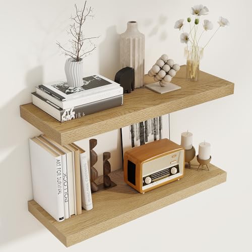Floating Shelves for Wall, 27.5 Inch Bathroom Shelves Set of 2, Rustic Wood Wall Shelf with Invisible Brackets for Books|Storage|Decor, 8 Inch Deep Floating Shelf for Bedroom|Kitchen, Oak - color: Oak, size: 27.5"W x 8"D