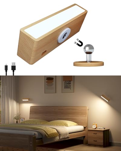 DetarZinLED Wall Lights Battery Operated Wooden,Magnetic Wall Sconces Rechargeable,Adhesive Wall Lights for Bedroom,Dimmable Wall Mounted Bedside Lamp,Cordless Battery Wall Sconce for Bedroom Reading - color: Yellow, size: 1 Pack