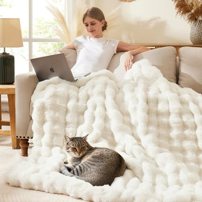L'AGRATY Faux Rabbit Fur Throw Blanket for Couch, 50'' x 60'', Cream White - color: Cream White, size: 50" x 60"