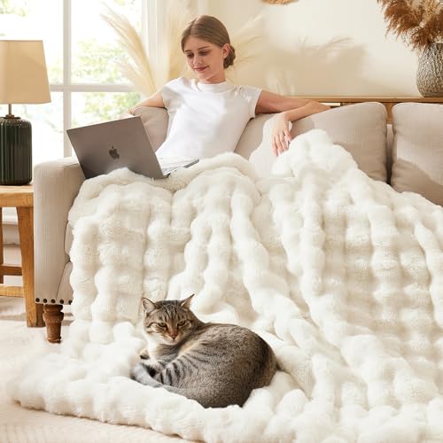 L'AGRATY Faux Rabbit Fur Throw Blanket for Couch, 90'' x 108'', Cream White - color: Cream White, size: 90" x 108"