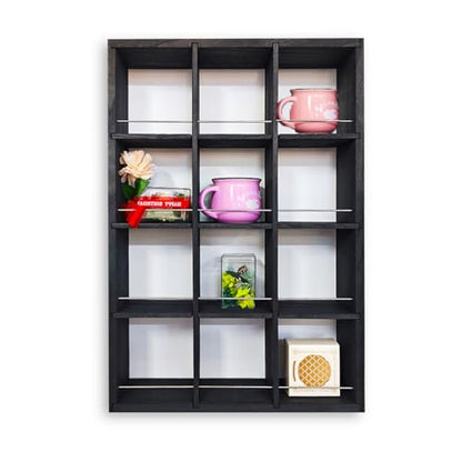 12 Grid coffee mug display shelf, 17x25" Wooden cup shelf for wall, Black - color: Black