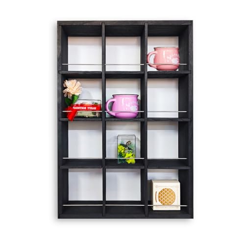 12 Grid coffee mug display shelf, 17x25" Wooden cup shelf for wall, Black - color: Black