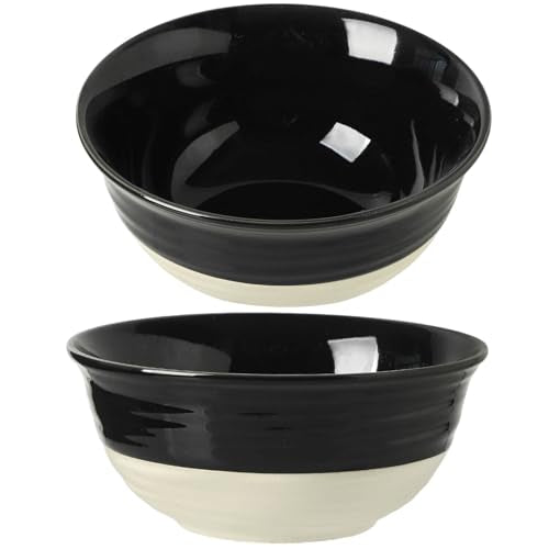 HASENSE Large Porcelain Serving Bowls Set of 2, 60 Oz 8.5 Inch Black & Beige Stoneware Mixing Bowls, Farmhouse Bowls for Salad, Soup & Pasta, Dishwasher & Microwave Safe - color: Black, size: 65 oz
