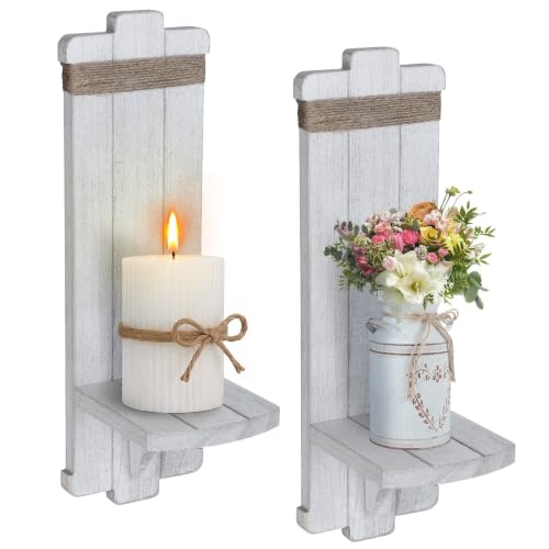 Alphatool Handmade Wooden Candle Sconces Set of 2 Farmhouse Wall Decor - color: Grayish-white