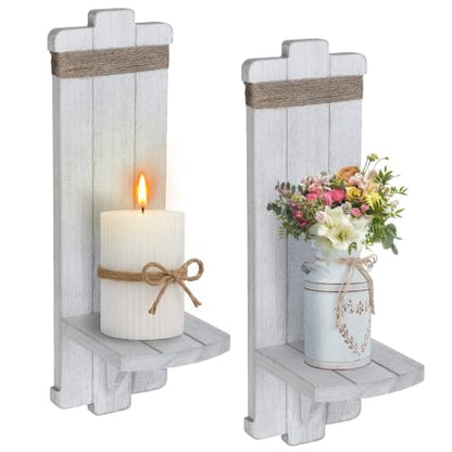 Alphatool Handmade Wooden Candle Sconces Set of 2 Farmhouse Wall Decor - color: Grayish-white