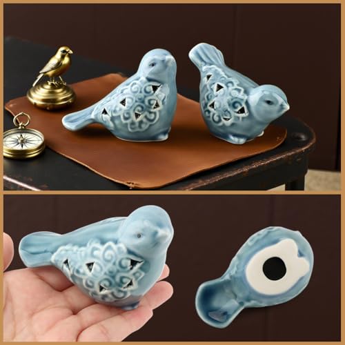Ceramic Bird Figurines Set of 2, Blue Bird Decor for Shelf Table Desk