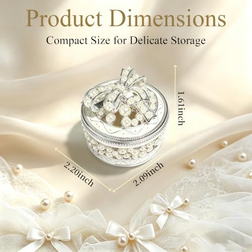 Metal Enamel Pearl Bow Jewelry Box Mini Trinket Storage Gift for Jewelry - color: Round