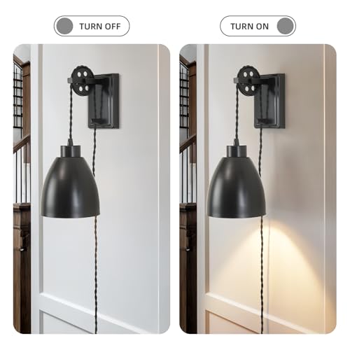 8FT Plug in Wall Sconces Pulley Wall Lamps, Black - color: Black