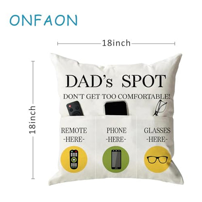 ONFAON Father's Day Throw Pillow Case, Dad's Spot Throw Pillow Covers 18 x 18 Inch，Dad Gifts from Daughter Son，Birthday Christmas Thanksgiving Day Gifts for Papa Stepdad ，3-Pocket - color: Dad 3-pocket