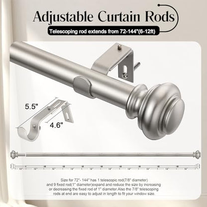 SIMEWIN Heavy Duty Curtain Rods 72 to 144 Inches, 1 Inch Silver for Bedroom, Living Room, Patio, Kitchen, Adjustable With Classic Finials, Silver Finishing - color: Silver, size: 28"-144"
