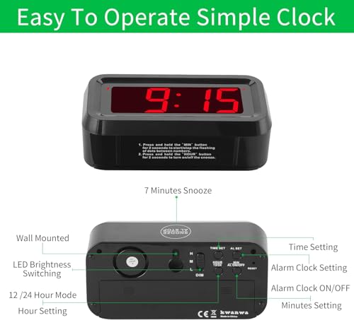 Alarm Clock,1.2'' LED,Cordless,Battery Operated,3-Level Brightness,12/24Hr - color: Black Case-red Led