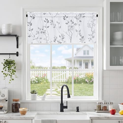 Beauoop Floral Valance Curtains for Kitchen Grey White 52X18 Inch 1 Panel - color: Rod Pocket | Grey, size: 52"W x 18"L (Pack of 1)
