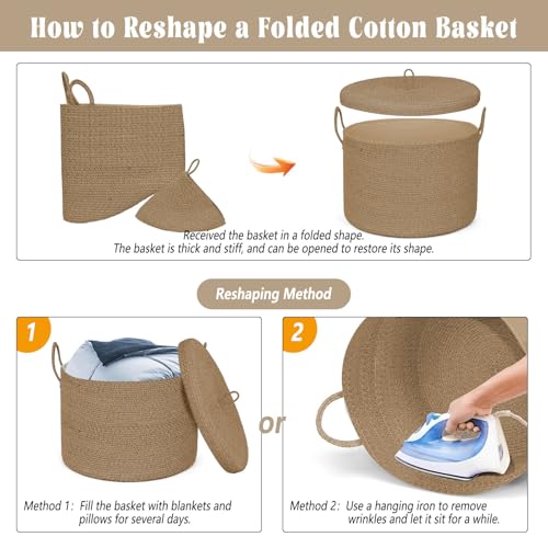 XXXXL Extra Large blanket basket with lid 21"x21"x18" blanket storage for living room,Large woven storage basket round laundry basket rope basket 115L (Jute) - color: Jute