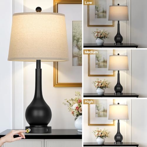 Rinweey 26" Black Table Lamps Set of 2, Touch Control Lamps for Living Room, 3-Way Dimmable Bedroom Bedside Lamps for Nightstands with USB A+C Port (2 LED Bulbs Included) - color: Black (2 Pack)
