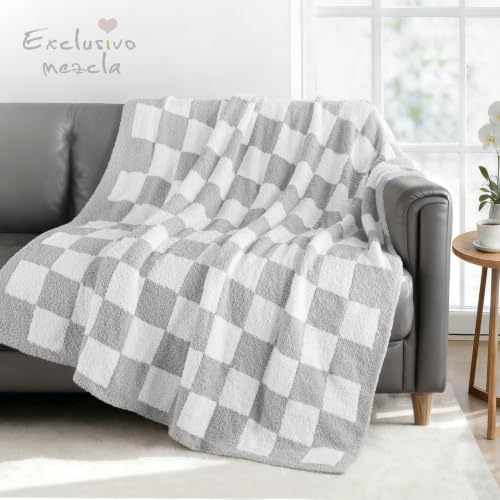 Exclusivo Mezcla Checkered Knit Throw Blanket for Couch, Light Grey - color: Light Grey, size: Throw (50"x60")