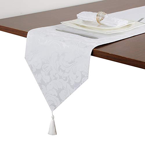EHouseHome Jacquard Damask Reversible White Table Runners with Tassels 13 x 72 inch Wrinkle and Water Resistant Spill-Proof Decorative Dining and Wedding Runners - color: White With Tassels