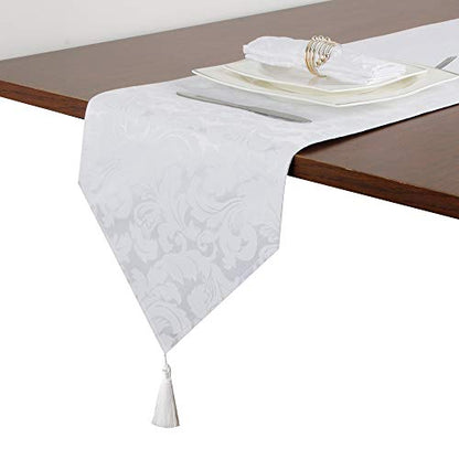 EHouseHome Jacquard Damask Reversible White Table Runners with Tassels 13 x 72 inch Wrinkle and Water Resistant Spill-Proof Decorative Dining and Wedding Runners - color: White With Tassels
