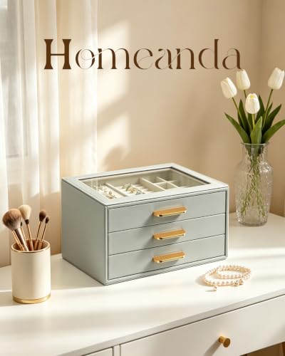 Homeanda Jewelry Boxes Organizer with Glass Lid, 3-Layer PU Leather, Grey - color: Grey, size: 3 Layer