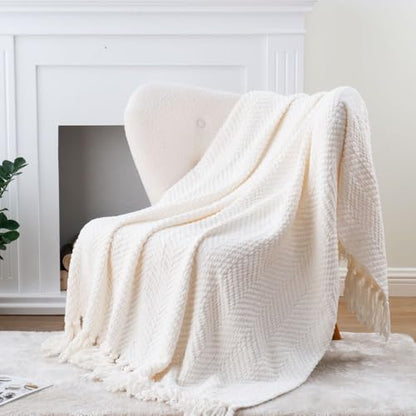 BATTILO HOME Cream Throw Blanket for Couch, Knit Throw Blanket, 50"x60" - color: Cream, size: 50"x60"