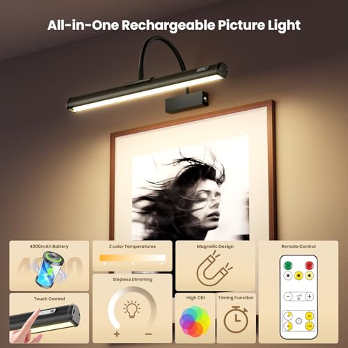 iMaihom Picture Lights for Wall Battery Operated, 15.3" Rechargeable Picture Light with Remote, Magnetic Cordless Art Light for Paintings, Dimmable LED Wall Gallery Light, 3 Color Temps, Timer, Black - color: Black
