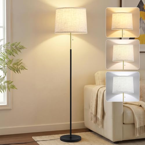 Floor Lamps for Living Room & Bedroom, 60" Modern Tall Standing Lamp, 3CCT - color: Linen T-Shades+Blackgold Pole