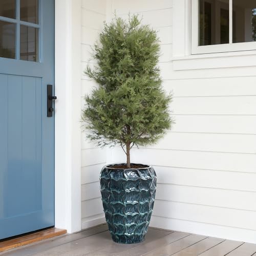 LuxenHome 17.7" Blue Ceramic Plant Pot, Tall Planter with Geometric Texture